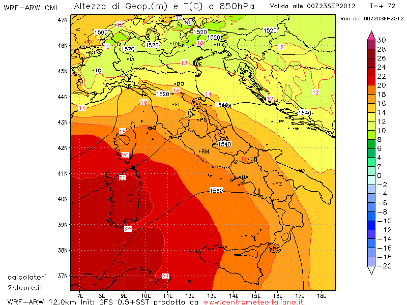 Temperatura a 850 hpa prevista per Domenica 23 Settembre 2012
