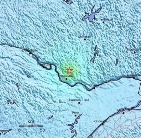 La mappa dello scuotimento sismico del terremoto avvenuto in Ontario in mattinata ore italiane, fonte: USGS
