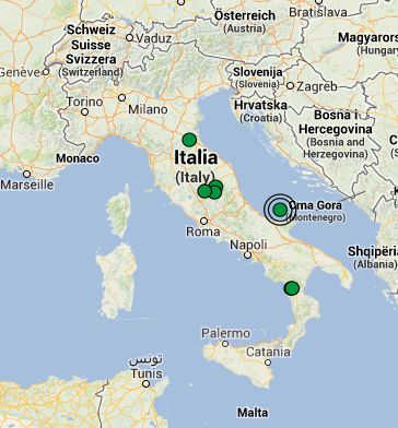 La mappa dei terremoti avvenuti oggi in Italia - fonte: sezione Terremoti del Centro Meteo Italiano