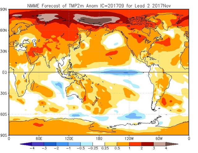 Tendenza meteo per il mese di novembre 2017 secondo il modello climatico NMME - cpc.ncep.noaa.gov