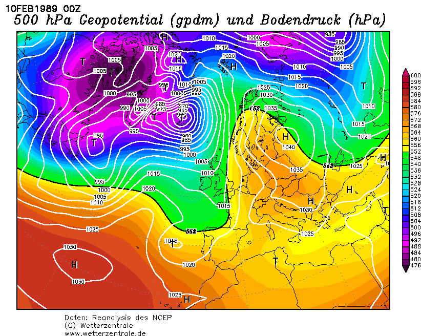 Esempio di omega blocking, Geop a 500 hPa e pressione al suolo il 10 febbraio 1989