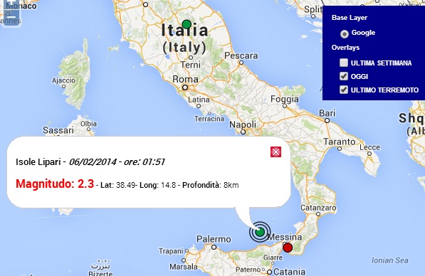 Terremoto oggi Sicilia 6 Febbraio 2014, scossa M 2.3 Isole Lipari dati Ingv - Centro Meteo Italiano