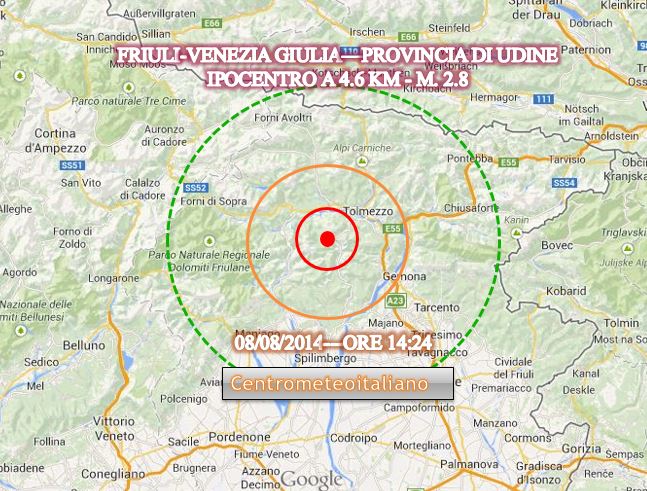 Terremoto Friuli-Venezia Giulia oggi, M 2.8 della scala Richter dati INGV - Centro Meteo Italiano