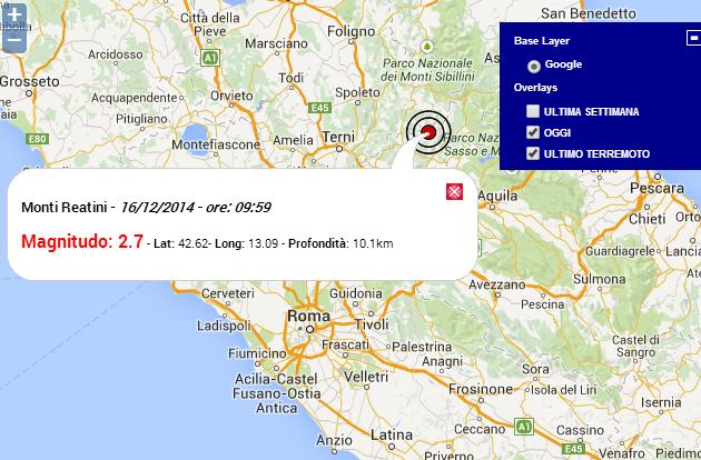 Terremoto oggi Lazio 16 Dicembre 2014 scossa M 2.7 Monti Reatini dati Ingv