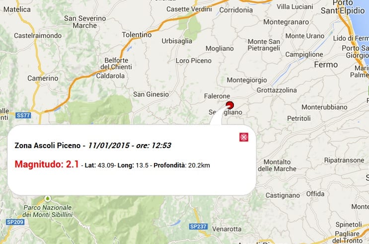Terremoto oggi Marche 11 Gennaio 2015, scossa M 2.1 Zona Ascoli Piceno dati Ingv