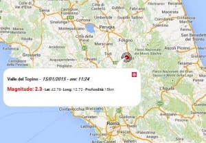 Terremoto oggi Italia, 15 Gennaio 2015 scossa M 2.3 nel Valle del Topino in Umbria. Dati Ingv