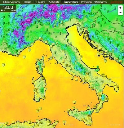 Temperature in Italia in questo momento si superano i +18°C in Sicilia