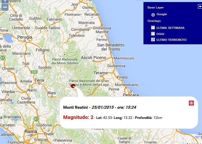 Terremoto Oggi Abruzzo, 25 Gennaio 2015, scossa M 2.0 Monti Reatini – Dati Ingv