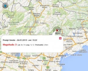 Terremoto oggi Veneto 26 gennaio 2015, dati INGV