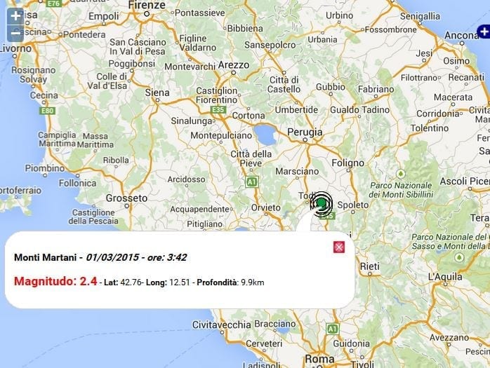 Terremoto oggi Umbria, 28 febbraio 2015, scossa M 2.4 Monti Martani - dati Ingv