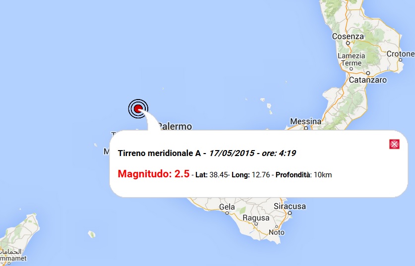 Terremoto oggi Sicilia 17 Maggio 2015, scossa M 2.5 Tirreno Meridionale