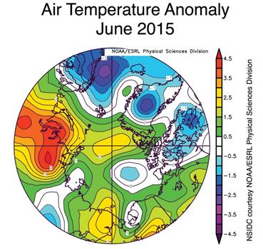 Anomalie temperature dell'aria Giugno 2015 - NSIDC courtesy NOAA Earth System Research Laboratory Physical Sciences Division