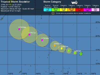 Traiettoria del tifone Soudelor, che si intensificherà fino alla categoria 4 una volta tarnsitato sulle isole Marianne