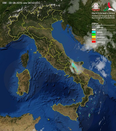Immagine radar con l'intensità delle precipitazioni in questo momento locali temporali insistono tra Puglia e Molise ma si stanno già esaurendo