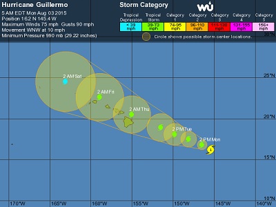 L'uragano Guillermo si sta dirigendo verso le isole Hawaii dove dovrebbe arrivare giovedì declassato al rango di tempesta tropicale