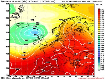 Modello GFS elaborato dal nostro centro di calcolo - Geopotenziale a 500 hPa e pressione al livello del mare alle 21Z del 04 agosto 2015