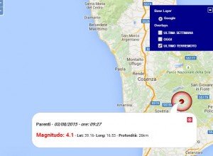 Terremoto oggi Calabria 3 Agosto 2015, scossa M 4.1 Cosenza dati Ingv