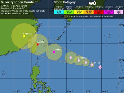 Il super-tifone Soudelor punta dritto verso Taiwan ma saranno le Ryukyu Islands le prime a risentire dell'arrivo di questo potentissimo sistema