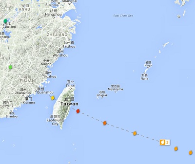 Traiettoria del tifone Soudelor sabato 08 agosto il suo occhio transitera su Taiwan