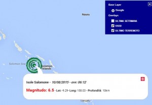 Terremoto oggi Isole Salomone 10 Agosto 2015, forte scossa M 6.5