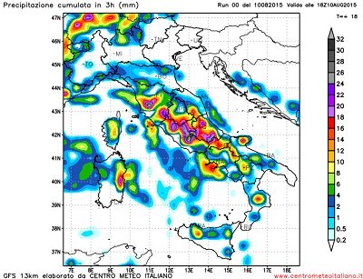 Modello GFS elaborato dal nostro centro di calcolo - Precipitazioni cumulate tra le 12Z e le 18Z del 10 agosto 2015