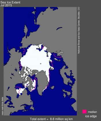 Estensione ghiacci marini nel Luglio 2015 rispetto alla media 1981-2010 - National Snow and Ice Data Center