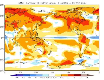 Anomalie termiche previste per il trimestre estivo 2016 dal modello climatico NMME - cpc.ncep.noaa.gov Anomalie termiche previste per il trimestre estivo 2016 dal modello climatico NMME - cpc.ncep.noaa.gov