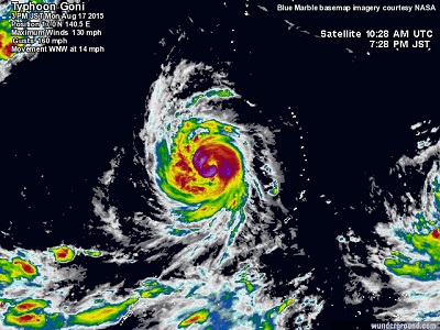 Immagine del satellite di Goni, il quattordicesimo tifone di questa intensissima stagione nel Pacifico nord occidentale