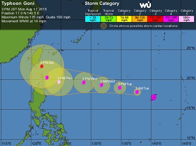 Traiettoria del tifone Goni sta puntando dritto verso le Filippine e Taiwan continuando a rafforzarsi