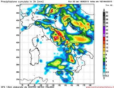 Modello GFS elaborato dal nostro centro di calcolo - Precipitazioni cumulate tra le 12Z e le 18Z del 19 agosto 2015