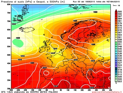 Modello GFS elaborato dal nostro centro di calcolo - Pressione al livello del mare e geopotenziale a 500hPa per le 18Z del 18 agosto 2015