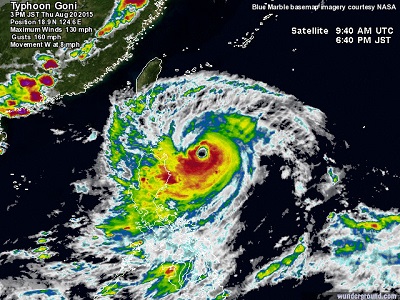 Il tifone Goni sta arrivando sulle Filippine settentrionali, dove le prime precipitazioni collegate al sistema stanno già insistendo su Luzon