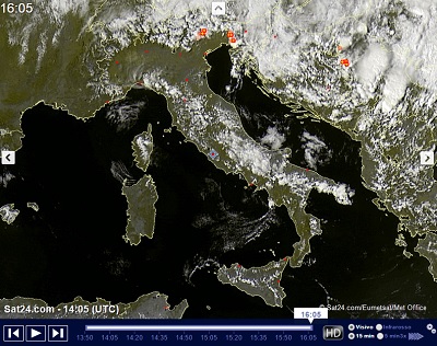 Tempo in atto sull'Italia al Nord Est i primi temporali e acquazzoni