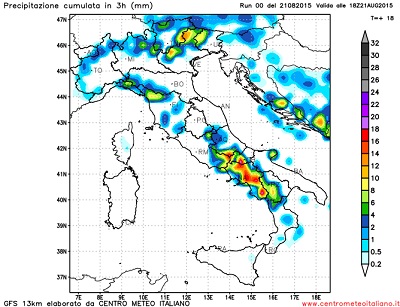 Modello GFS elaborato dal nostro centro di calcolo - Precipitazioni cumulate tra le 12Z e le 18Z del 21 agosto 2015