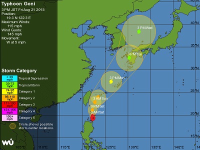 Traiettoria del tifone Goni dalle Filippine continuerà verso Nord sfiorando Taiwan e poi portando maltempo intenso in Giappone e Corea
