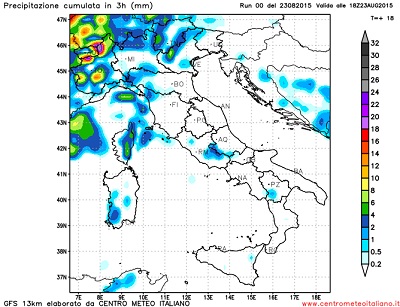 Modello GFS elaborato dal nostro centro di calcolo - Precipitazioni accumulate dalle 12Z alle 18Z del 23 agosto 2015