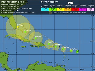Traiettoria dell'uragano Erika nonostante sia ancora alta l'incertezza di questa previsione, il sistema potrebbe raggiungere le coste degli USA