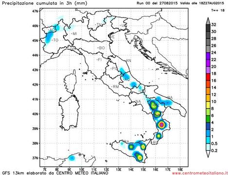 Precipitazioni previste dal modello GFS per il pomeriggio di oggi 27 Agosto 2015
