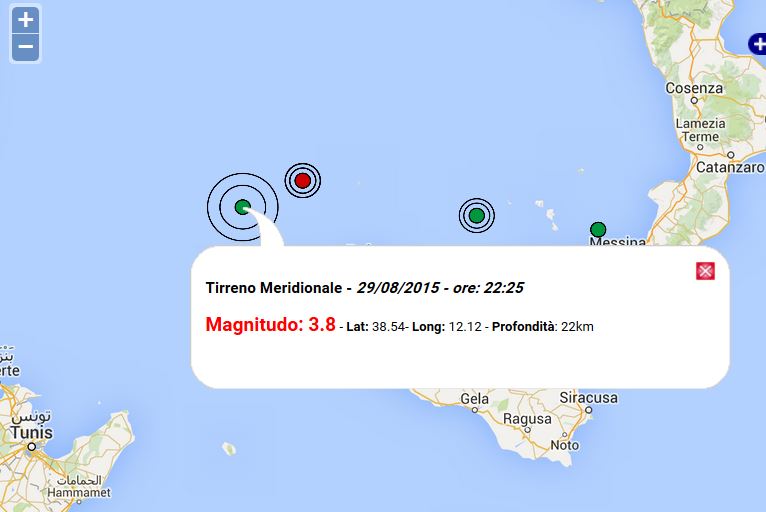 Terremoto oggi Sicilia, 30 agosto 2015, scossa M 3.8 Tirreno meridionale - Dati INGV
