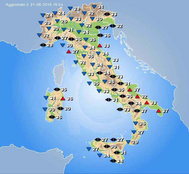 Temperature massime previste per oggi 1 Settembre 2015 sull'Italia