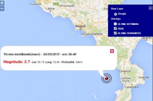 Terremoto oggi Italia 3 Settembre 2015, scossa M 2.7 Tirreno, dati Ingv