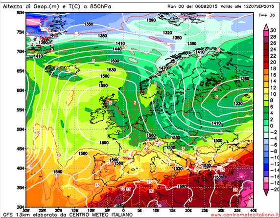 Aria più fresca affluisce sull'Italia, modello Gfs Europa t 850 hPa +36h