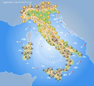 Tempo previsto per oggi 8 Settember 2015 sull'Italia