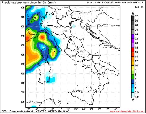 Maltempo Liguria con rischio nubifragi a Genova dalla notte, Modello GFS Centro Meteo Italiano 12z