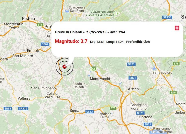 Terremoto oggi Toscana 13 settembre, una scossa M 3.7 provincia di Firenze, dati Ingv