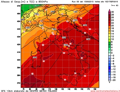 Modello GFS elaborato dal nostro centro di calcolo - Temperature a 850 hPa alle 15Z del 17 settembre 2015