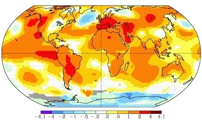 Anomalie della temperatura a livello globale per l'estate meteorologica 2015 superato di 02C il precedente primato del 2014
