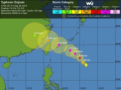 Il tifone Dujuan dovrebbe raggiungere nei prossimi giorni la categoria 4 su un massimo di 5 della scala Saffir Simpson, dirigendosi verso il Sud Est asiatico