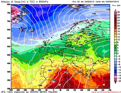 Temperature a 850 hPa sull'Europa, inizia un notevole raffredamento delle alte latitudini