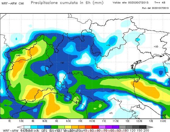 Precipitazioni previste nella serata di domani dal modello WRF del Centro Meteo Italiano